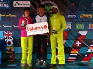 Penang 100km ultramarathon winners.  Munitaran Sundram 11:55:37 and Debbie Chinn 13:00:11